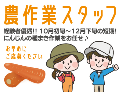 農作業スタッフ★10月初旬〜12月下旬の短期★にんじんの種まき作業