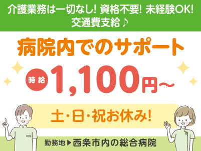 給与前払い制度ほか福利厚生も充実！［病院内でのサポート］介護業務は一切なし！資格不要！未経験OK！◎土･日･祝お休み ◎車通勤OK［派遣（西条市内の総合病院でのお仕事）］