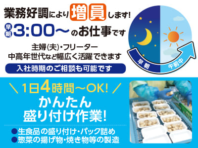 【急募】業務好調により増員します！早朝3:00〜のお仕事です♪ 1日4時間〜OK！主婦(夫)・フリーター・中高年世代など幅広く活躍できます♪
