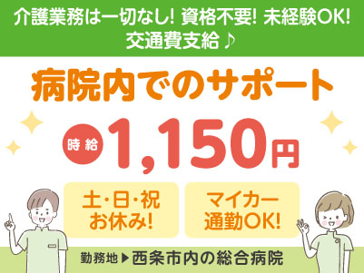 給与前払い制度ほか福利厚生も充実！［病院内でのサポート］介護業務は一切なし！資格不要！未経験OK！◎土･日･祝お休み ◎車通勤OK［派遣（西条市内の総合病院でのお仕事）］