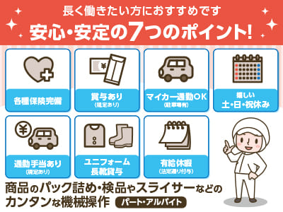 ［商品のパック詰め・検品やスライサーなどのカンタンな機械操作(パート・アルバイト)］特別な経験・スキルは必要なし！簡単・シンプルな作業からお任せするので、未経験の方でも安心してください♪ 30〜50代のスタッフ活躍中！