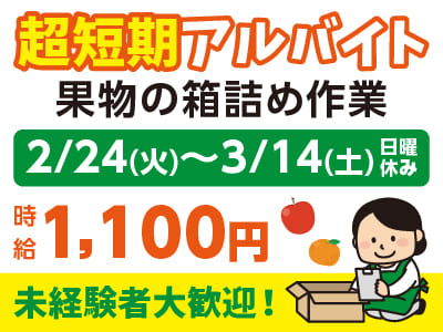 超短期アルバイト募集！［2/24(火)～3/14(土)］果物の箱詰め作業♪ 未経験者大歓迎！出勤日数はご相談ください！