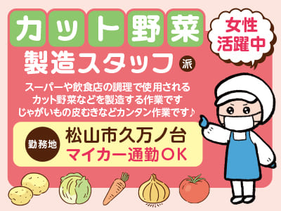 【カット野菜製造スタッフ】女性活躍中！じゃがいもの皮むきなどカンタン作業です♪ 希望時間をご相談できます！マイカー通勤OK【松山市久万ノ台でのお仕事(派遣)】
